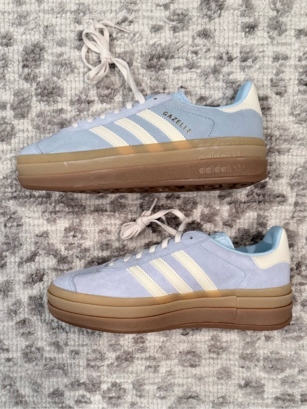 New Adidas Gazelle Bold Sneakers in Clear Sky/Cream White/Gold Metallic/Gum - Picture 5 of 8